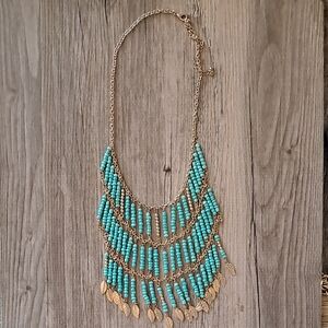 Vintage Gold and Turquoise Beaded Bib Necklace